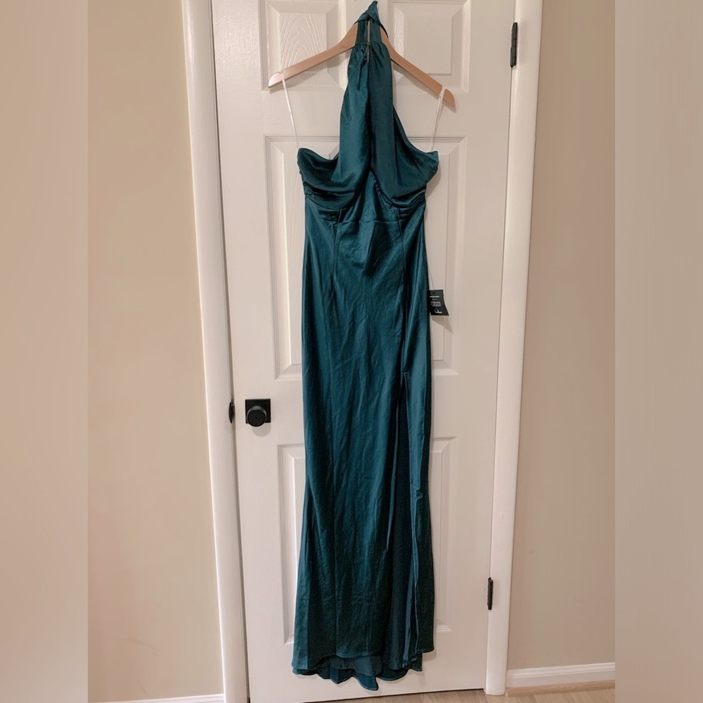 Lulu's Teal Green Satin Halter Gown